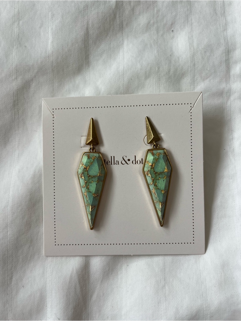 Stella & Dot Gold and Turquoise Marble Pointed Drop Earrings - Picture 4 of 4
